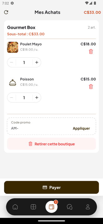 Capture de l’app Wise Eat : commande d’un plat et paiement sécurisé
